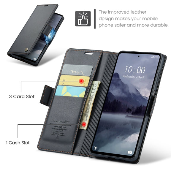 For Xiaomi Redmi 12 4G／12 5G／Note 12R／POCO M6 Pro 5G CaseMe 023 Butterfly Buckle Litchi Texture RFID Anti-theft Leather Phone Case(Black)