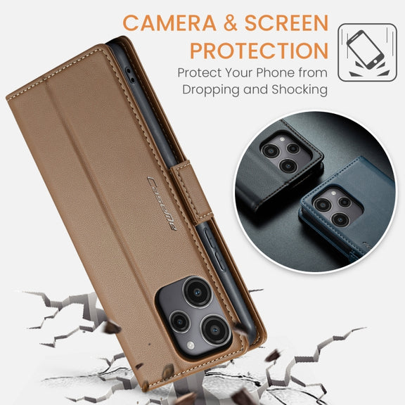 For Xiaomi Redmi 12 4G／12 5G／Note 12R／POCO M6 Pro 5G CaseMe 023 Butterfly Buckle Litchi Texture RFID Anti-theft Leather Phone Case(Brown)