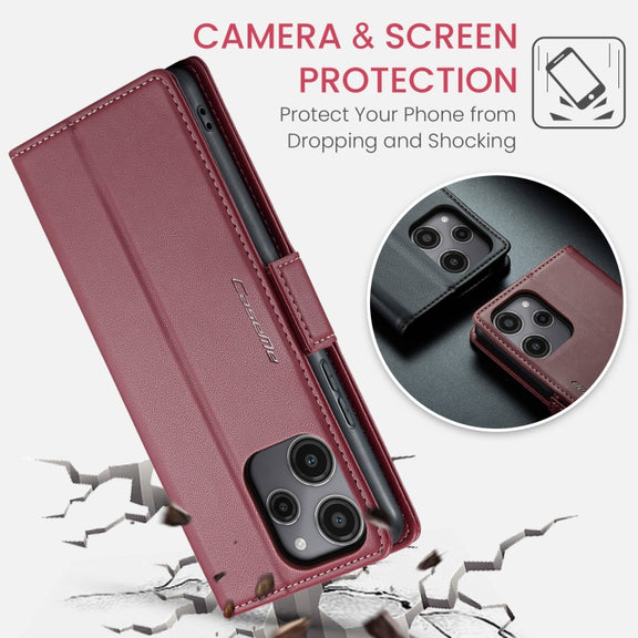 For Xiaomi Redmi 12 4G／12 5G／Note 12R／POCO M6 Pro 5G CaseMe 023 Butterfly Buckle Litchi Texture RFID Anti-theft Leather Phone Case(Wine Red)