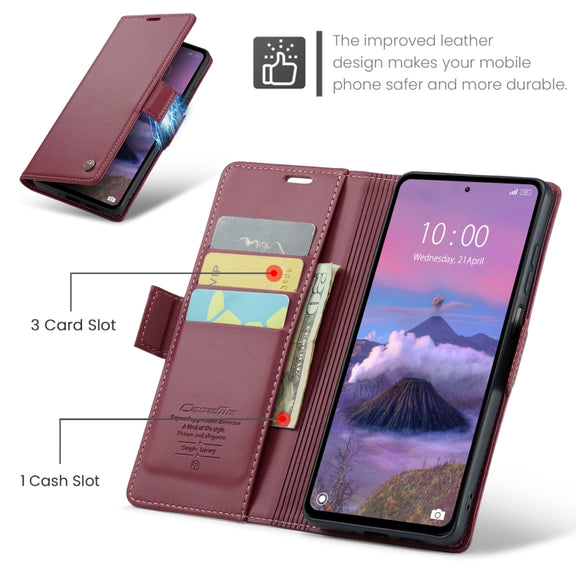 For Xiaomi Redmi 12 4G／12 5G／Note 12R／POCO M6 Pro 5G CaseMe 023 Butterfly Buckle Litchi Texture RFID Anti-theft Leather Phone Case(Wine Red)