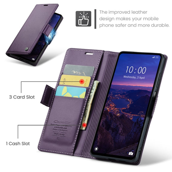For Xiaomi Redmi 12 4G／12 5G／Note 12R／POCO M6 Pro 5G CaseMe 023 Butterfly Buckle Litchi Texture RFID Anti-theft Leather Phone Case(Pearly Purple)