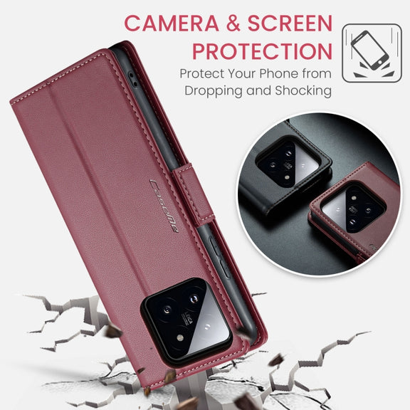 For Xiaomi 14 Pro CaseMe 023 Butterfly Buckle Litchi Texture RFID Anti-theft Leather Phone Case(Wine Red)