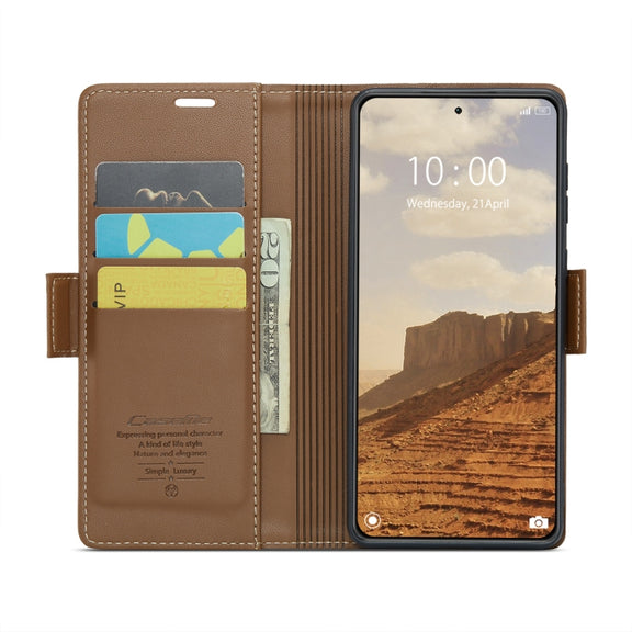 For Xiaomi 14 CaseMe 023 Butterfly Buckle Litchi Texture RFID Anti-theft Leather Phone Case(Brown)