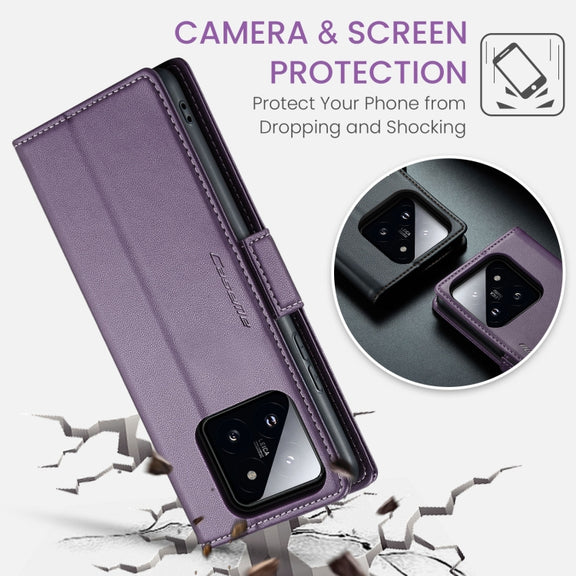 For Xiaomi 14 CaseMe 023 Butterfly Buckle Litchi Texture RFID Anti-theft Leather Phone Case(Pearly Purple)