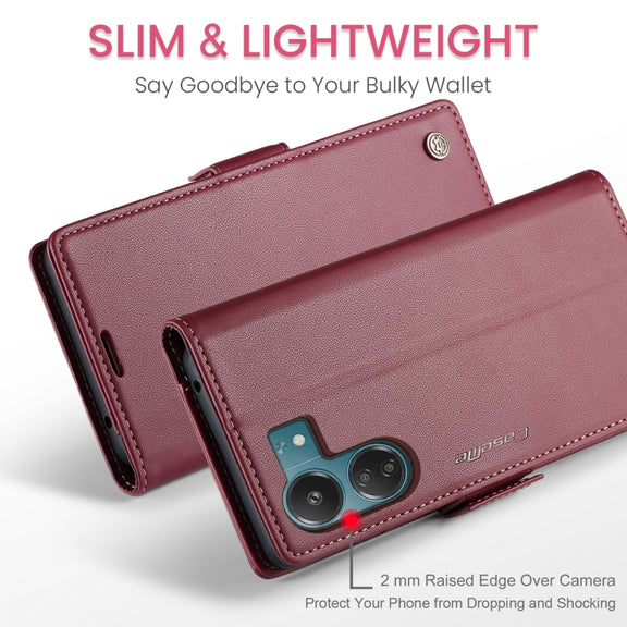 For Xiaomi Poco C65 4G CaseMe 023 Butterfly Buckle Litchi Texture RFID Anti-theft Leather Phone Case(Wine Red)