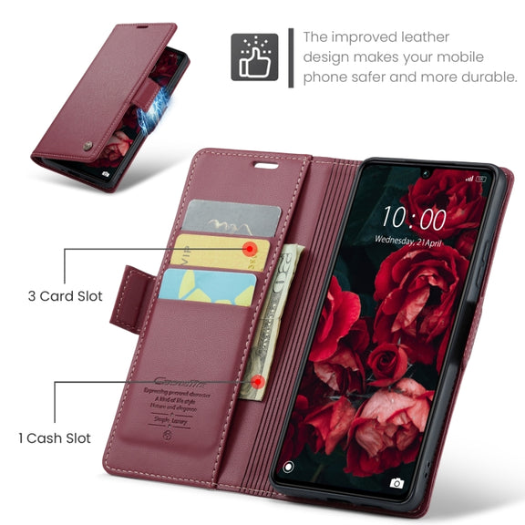 For Xiaomi Poco C65 4G CaseMe 023 Butterfly Buckle Litchi Texture RFID Anti-theft Leather Phone Case(Wine Red)