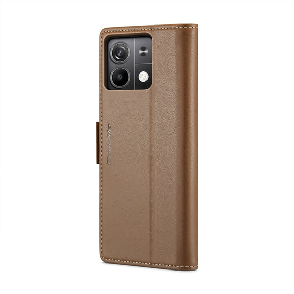 For Xiaomi Redmi Note 13 5G CaseMe 023 Butterfly Buckle Litchi Texture RFID Anti-theft Leather Phone Case(Brown)