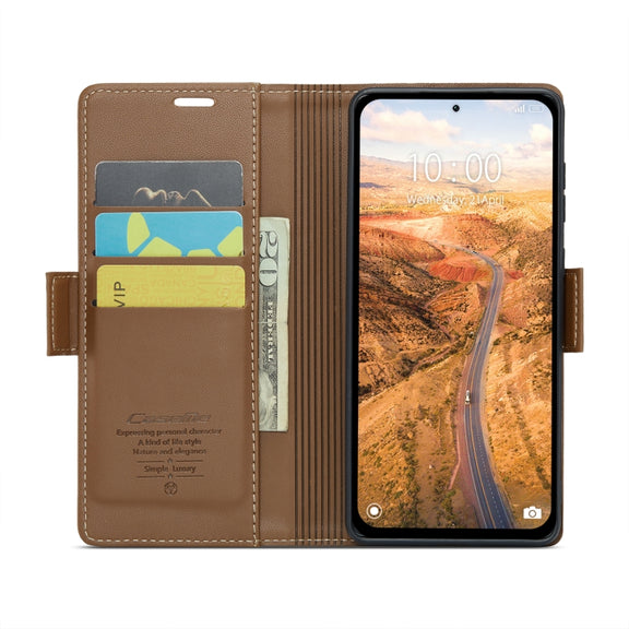 For Xiaomi Redmi Note 13 5G CaseMe 023 Butterfly Buckle Litchi Texture RFID Anti-theft Leather Phone Case(Brown)