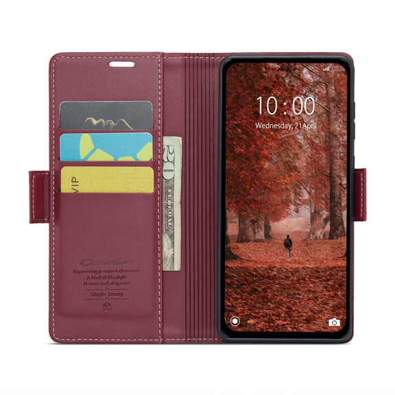 For Xiaomi Redmi Note 13 5G CaseMe 023 Butterfly Buckle Litchi Texture RFID Anti-theft Leather Phone Case(Wine Red)