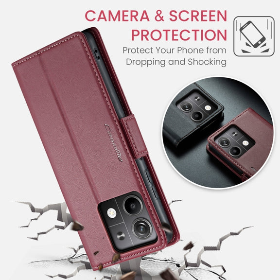 For Xiaomi Redmi Note 13 5G CaseMe 023 Butterfly Buckle Litchi Texture RFID Anti-theft Leather Phone Case(Wine Red)