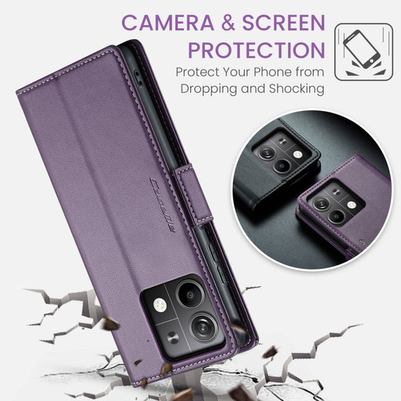 For Xiaomi Redmi Note 13 5G CaseMe 023 Butterfly Buckle Litchi Texture RFID Anti-theft Leather Phone Case(Pearly Purple)