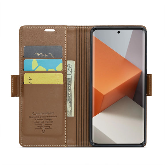 For Xiaomi Redmi Note 13 Pro+ 5G CaseMe 023 Butterfly Buckle Litchi Texture RFID Anti-theft Leather Phone Case(Brown)