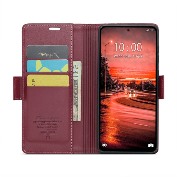 For Xiaomi Redmi Note 13 4G CaseMe 023 Butterfly Buckle Litchi Texture RFID Anti-theft Leather Phone Case(Wine Red)