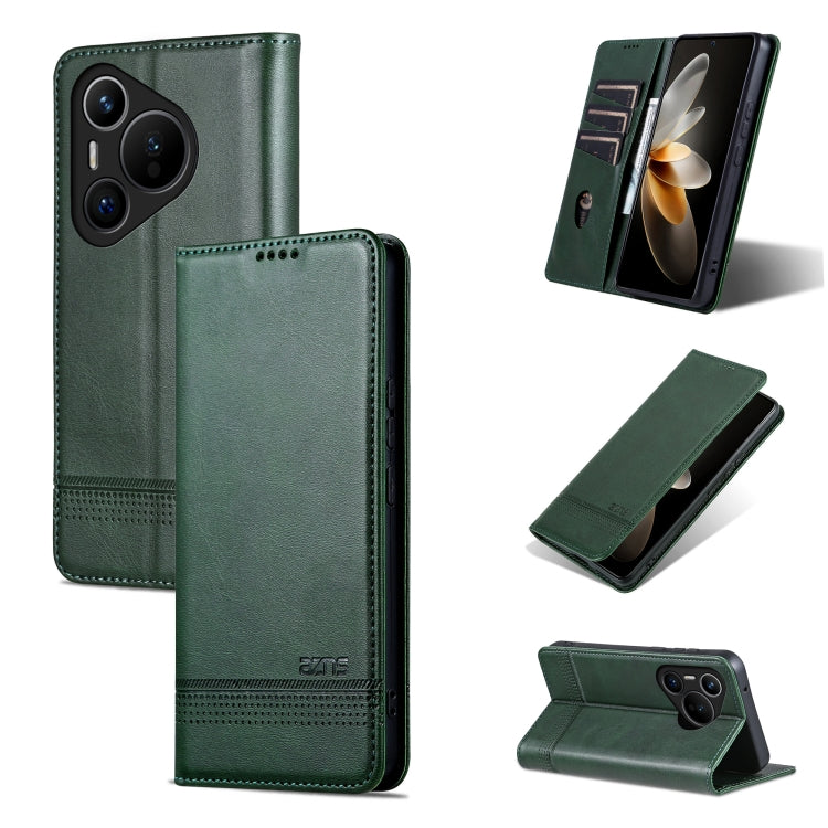 For Huawei Pura 70 Fine Hole AZNS Magnetic Calf Texture Flip Leather Phone Case(Dark Green) - free shipping - PMC Jewellery - Order now!