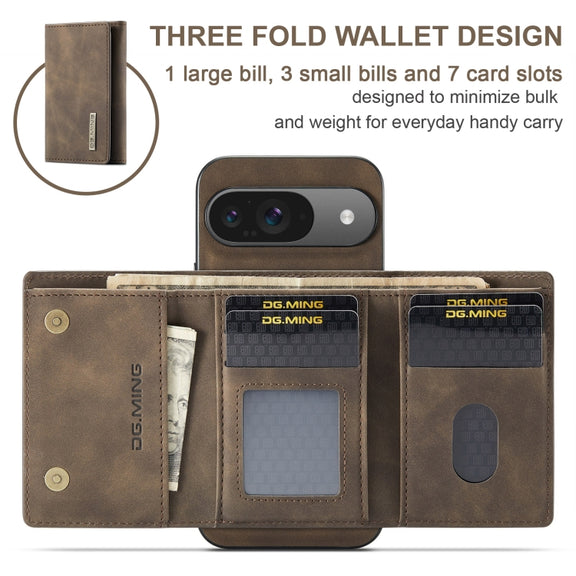 For Google Pixel 9 / 9 Pro DG.MING M1 Series 3-Fold Multi Card Wallet + Magnetic Phone Case(Coffee)
