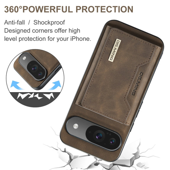 For Google Pixel 9 / 9 Pro DG.MING M2 Series 3-Fold Multi Card Bag + Magnetic Phone Case(Coffee)