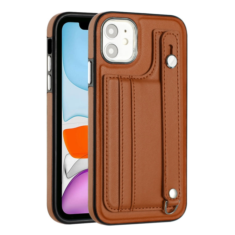 For iPhone 11 Shockproof Leather Phone Case with Wrist Strap(Brown) - iPhone 11 Cases by PMC TechLife | Online Shopping South Africa | PMC TechLife | Buy Now Pay Later Mobicred