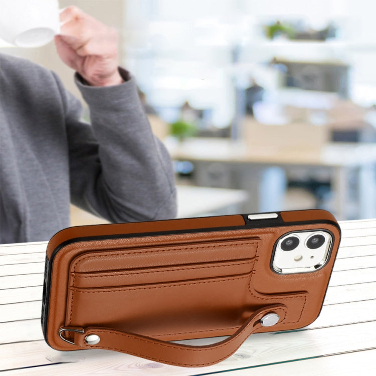 For iPhone 11 Shockproof Leather Phone Case with Wrist Strap(Brown) - iPhone 11 Cases by PMC TechLife | Online Shopping South Africa | PMC TechLife | Buy Now Pay Later Mobicred