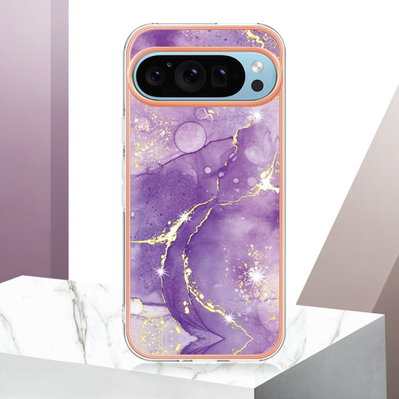 For Google Pixel 9 Pro XL Electroplating Marble Dual-side IMD Phone Case(Purple 002)