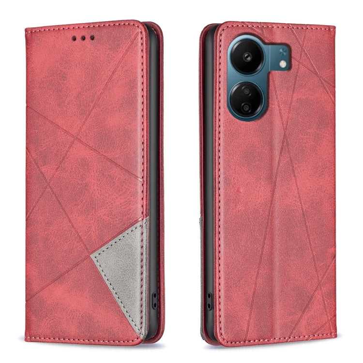 For Xiaomi Redmi 13C Rhombus Texture Magnetic Leather Phone Case(Red) - Xiaomi Cases by PMC TechLife | Online Shopping South Africa | PMC TechLife | Buy Now Pay Later Mobicred