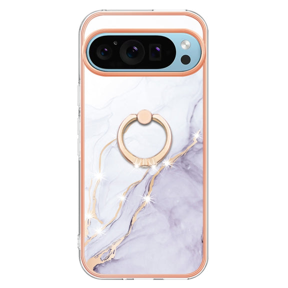 For Google Pixel 9 / 9 Pro Electroplating Marble IMD TPU Phone Case with Ring Holder(White 006)