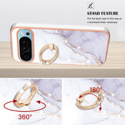 For Google Pixel 9 / 9 Pro Electroplating Marble IMD TPU Phone Case with Ring Holder(White 006)