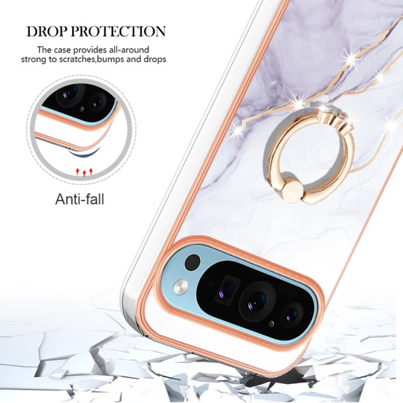 For Google Pixel 9 / 9 Pro Electroplating Marble IMD TPU Phone Case with Ring Holder(White 006)