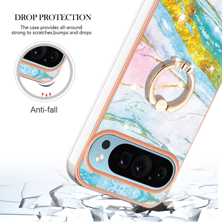For Google Pixel 9 / 9 Pro Electroplating Marble IMD TPU Phone Case with Ring Holder(Green 004)