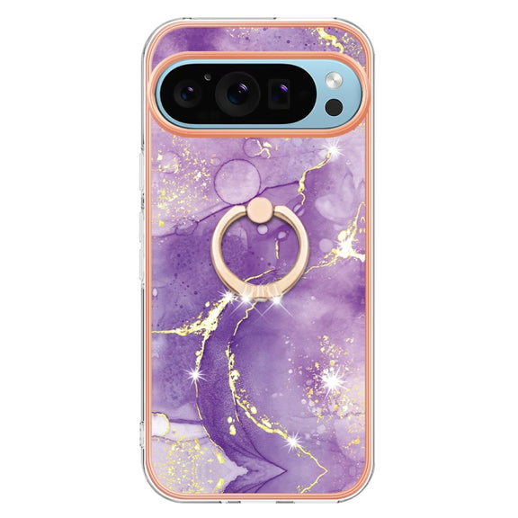 For Google Pixel 9 / 9 Pro Electroplating Marble IMD TPU Phone Case with Ring Holder(Purple 002)