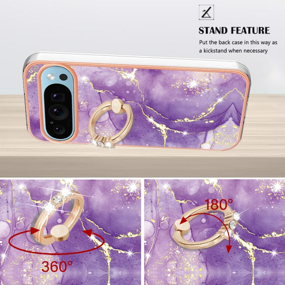 For Google Pixel 9 / 9 Pro Electroplating Marble IMD TPU Phone Case with Ring Holder(Purple 002)