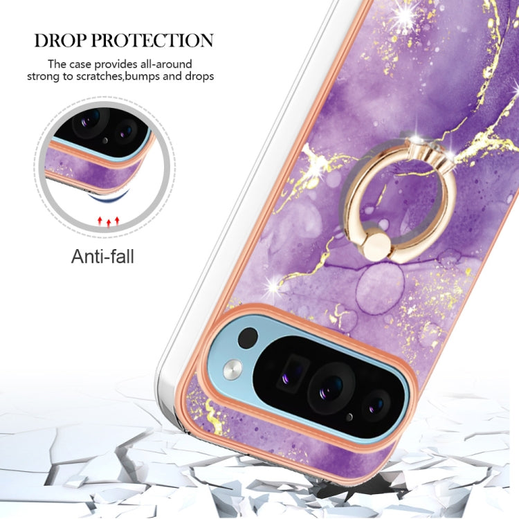 For Google Pixel 9 / 9 Pro Electroplating Marble IMD TPU Phone Case with Ring Holder(Purple 002)