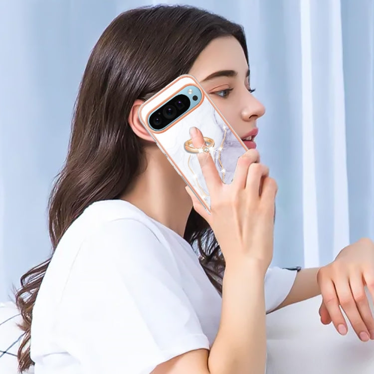For Google Pixel 9 Pro Electroplating Marble IMD TPU Phone Case with Ring Holder(White 006)