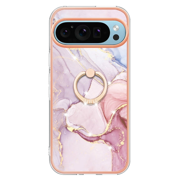 For Google Pixel 9 Pro XL Electroplating Marble IMD TPU Phone Case with Ring Holder(Rose Gold 005)