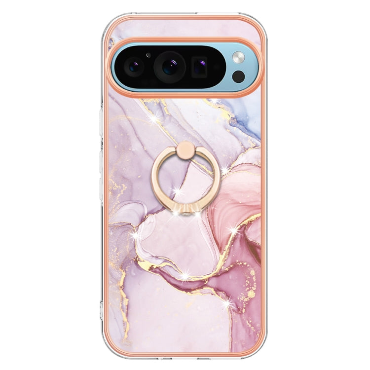 For Google Pixel 9 Pro XL Electroplating Marble IMD TPU Phone Case with Ring Holder(Rose Gold 005)
