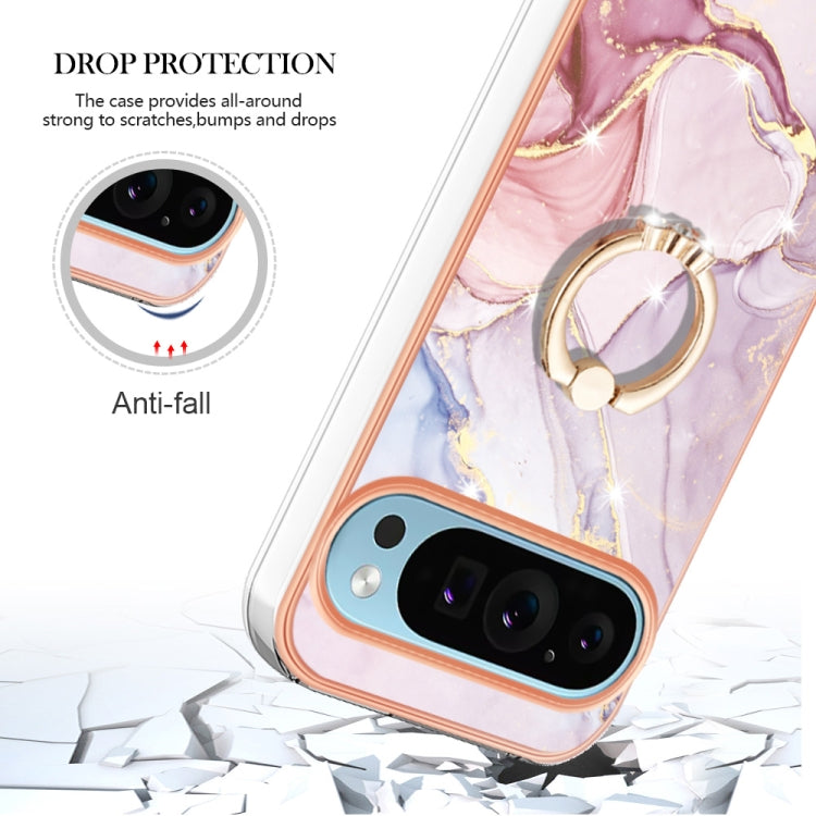 For Google Pixel 9 Pro XL Electroplating Marble IMD TPU Phone Case with Ring Holder(Rose Gold 005)