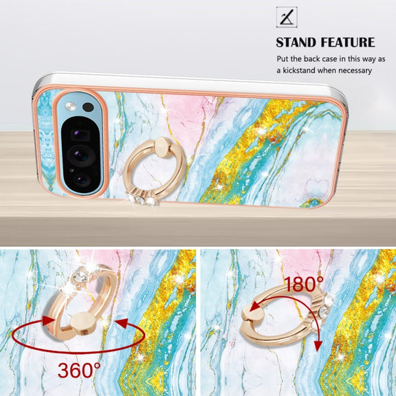 For Google Pixel 9 Pro XL Electroplating Marble IMD TPU Phone Case with Ring Holder(Green 004)