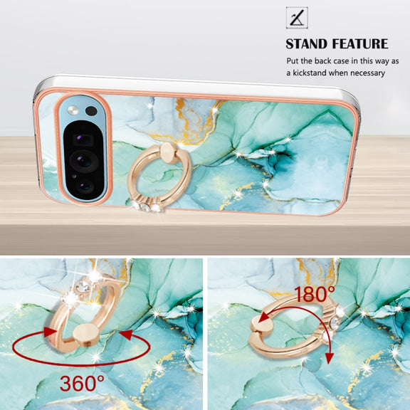 For Google Pixel 9 Pro XL Electroplating Marble IMD TPU Phone Case with Ring Holder(Green 003)