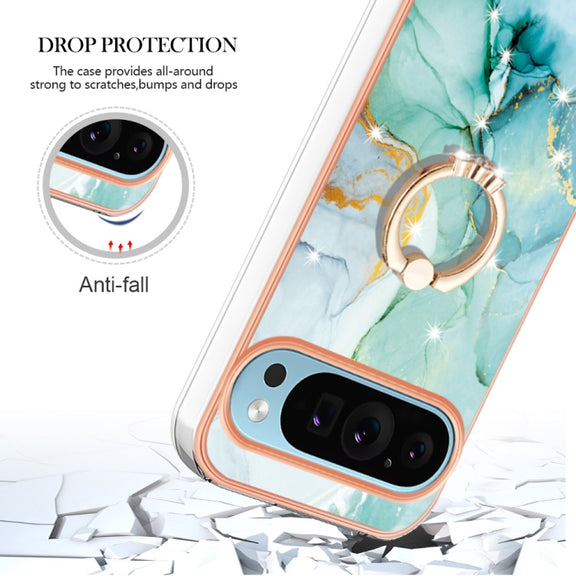 For Google Pixel 9 Pro XL Electroplating Marble IMD TPU Phone Case with Ring Holder(Green 003)