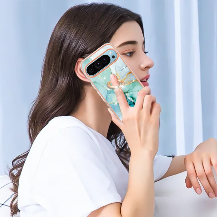 For Google Pixel 9 Pro XL Electroplating Marble IMD TPU Phone Case with Ring Holder(Green 003)