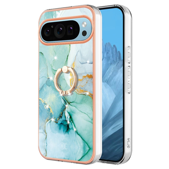 For Google Pixel 9 Pro XL Electroplating Marble IMD TPU Phone Case with Ring Holder(Green 003)