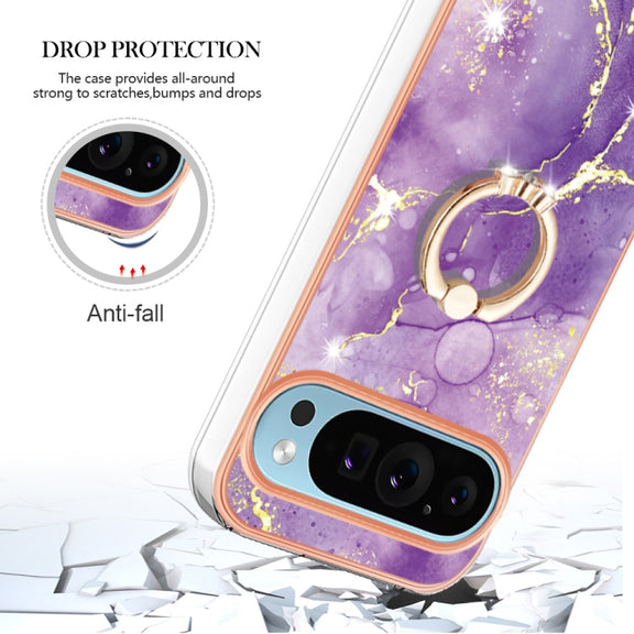 For Google Pixel 9 Pro XL Electroplating Marble IMD TPU Phone Case with Ring Holder(Purple 002)