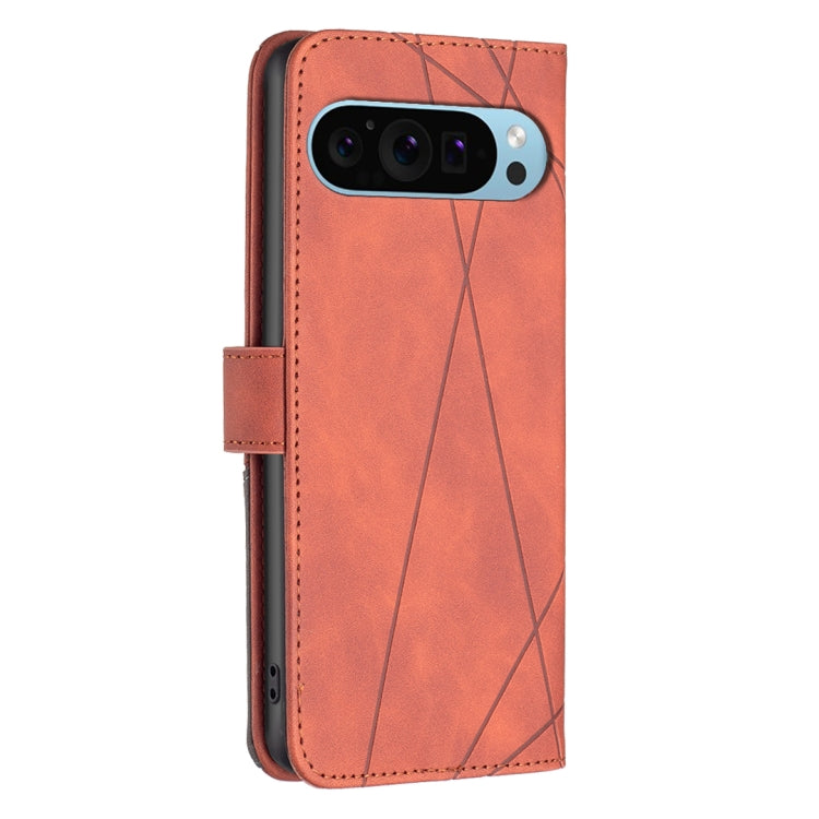 For Google Pixel 9 Pro Magnetic Buckle Rhombus Texture Leather Phone Case(Brown)