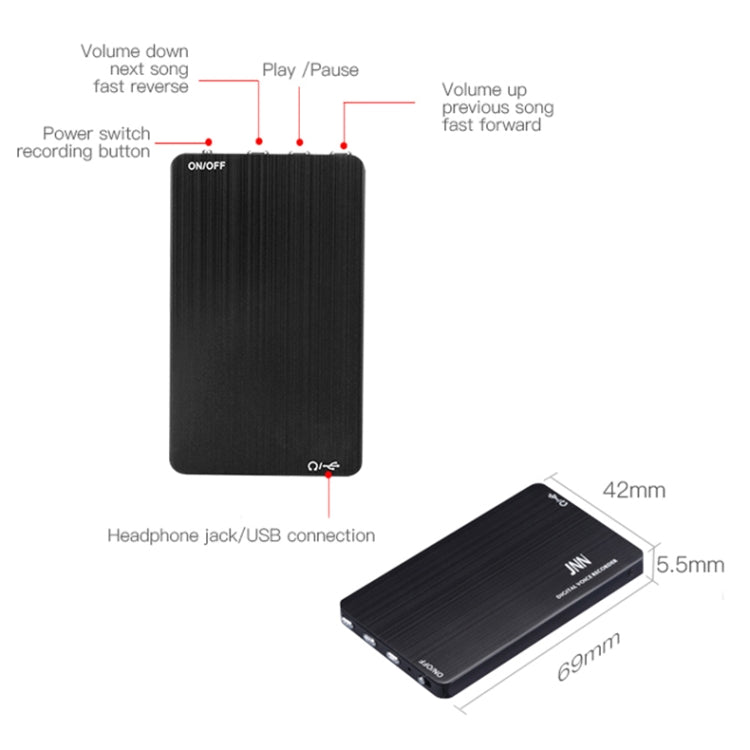 JNN M2 Ultra-thin HD Noise Reduction Intelligent Control Voice Voice Recorder, Capacity:16GB(Black)