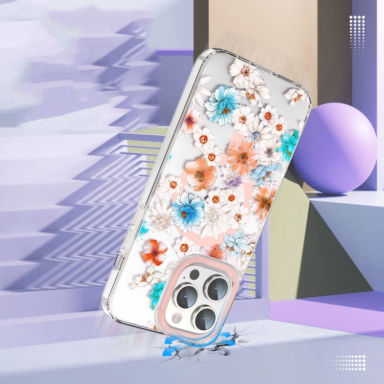 For iPhone 13 Pro MagSafe Magnetic TPU Phone Case(White Blue Flower)