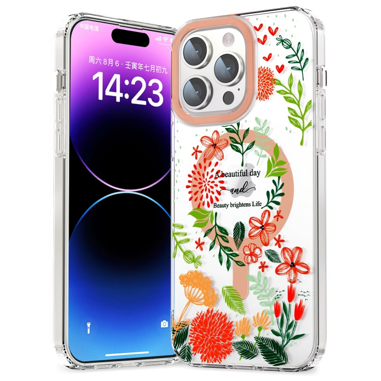 For iPhone 13 Pro MagSafe Magnetic TPU Phone Case(Red Flowers and Green Leaves) - iPhone 13 Pro Cases by PMC TechLife | Online Shopping South Africa | PMC TechLife