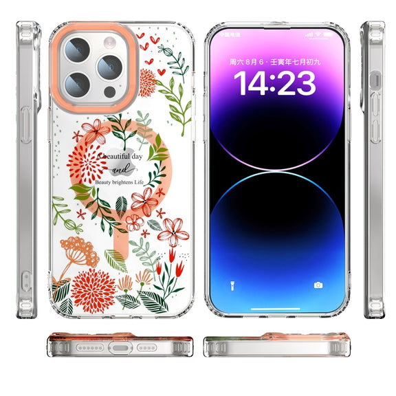 For iPhone 13 Pro MagSafe Magnetic TPU Phone Case(Red Flowers and Green Leaves)