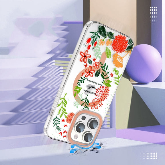 For iPhone 15 Pro MagSafe Magnetic TPU Phone Case(Red Flowers and Green Leaves)