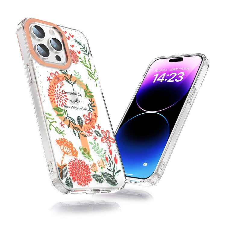 For iPhone 15 Plus MagSafe Magnetic TPU Phone Case(Red Flowers and Green Leaves)