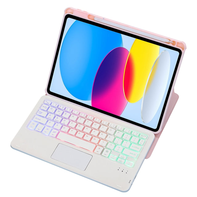 For iPad 10th Gen 10.9 2022 F10B-AS 360 Rotation Acrylic Transparent Bluetooth Keyboard Leather Case With Touch Control / Backlight(Pink)
