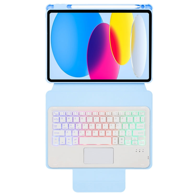 For iPad 11 2025 / 10th Gen 10.9 2022 F10B-AS 360 Rotation Acrylic Transparent Bluetooth Keyboard Leather Case With Touch Control / Backlight(Blue)